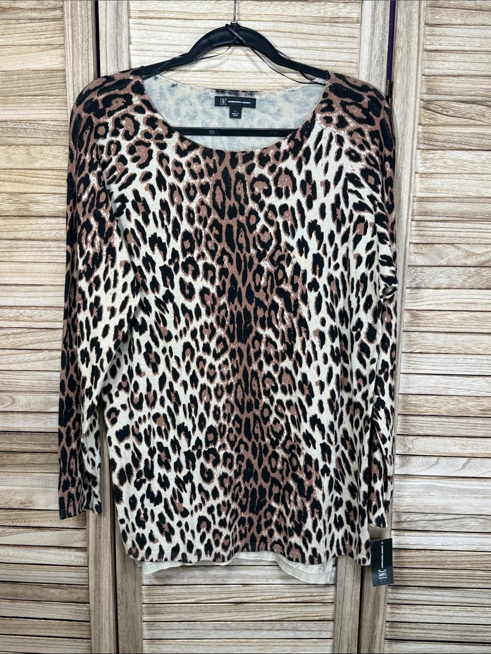 INC International Concepts Leopard Print Long Sleeve Top in Brown & Cream Size L